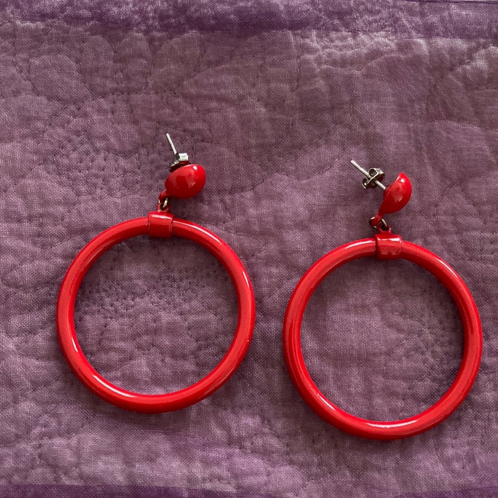 Deep red dangling hoop earrings